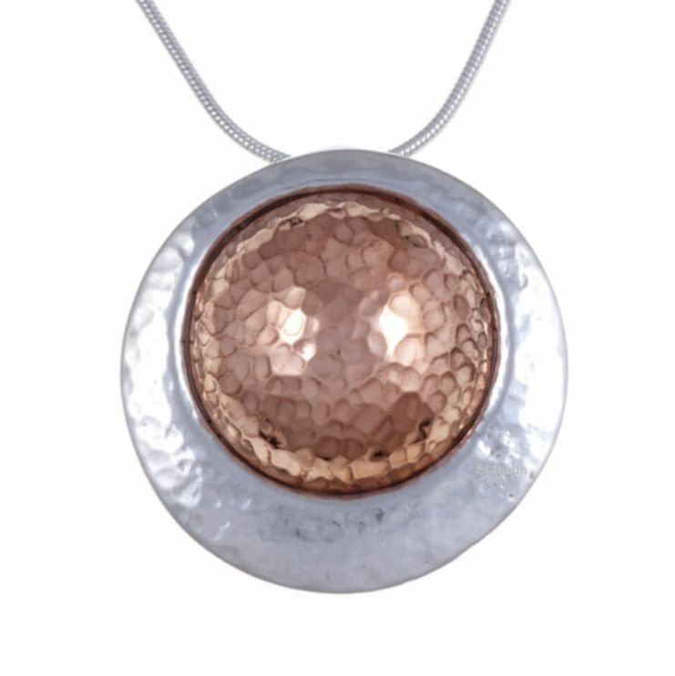 Image 1 of Copper Disc Offset Hammered Round Stylish Pewter Pendant