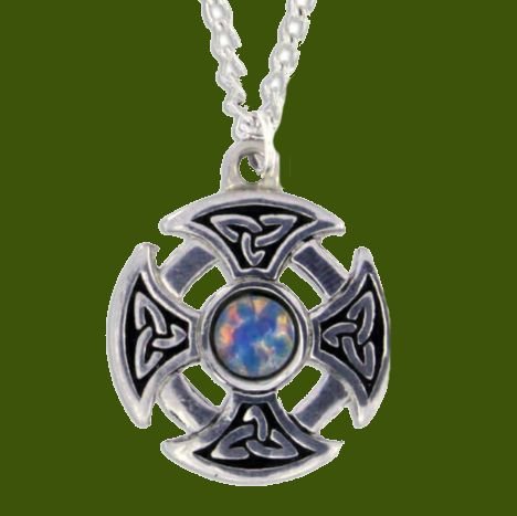 Image 0 of Celtic Cross Knotwork Opal Glass Stone Circular Small Stylish Pewter Necklace