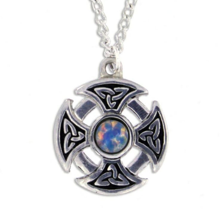 Image 1 of Celtic Cross Knotwork Opal Glass Stone Circular Small Stylish Pewter Necklace