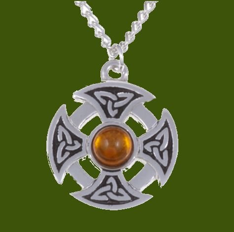 Image 0 of Celtic Cross Knotwork Amber Circular Small Stylish Pewter Necklace