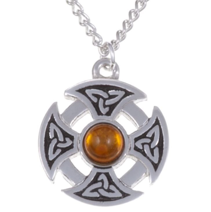 Image 1 of Celtic Cross Knotwork Amber Circular Small Stylish Pewter Necklace
