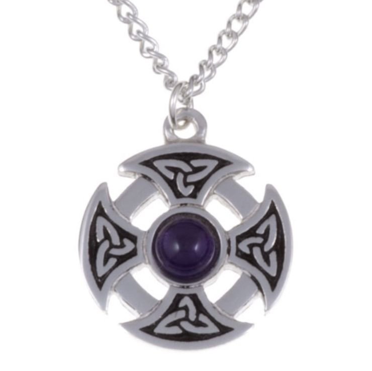 Image 1 of Celtic Cross Knotwork Amethyst Circular Small Stylish Pewter Necklace