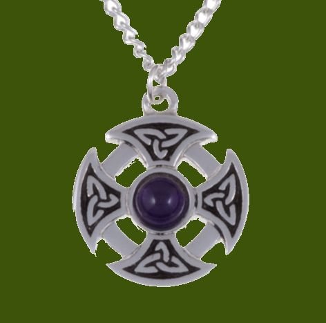 Image 0 of Celtic Cross Knotwork Amethyst Circular Small Stylish Pewter Necklace