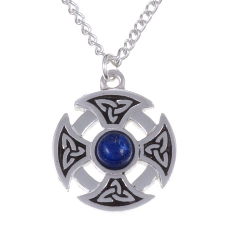 Image 1 of Celtic Cross Knotwork Lapis Lazuli Circular Small Stylish Pewter Necklace