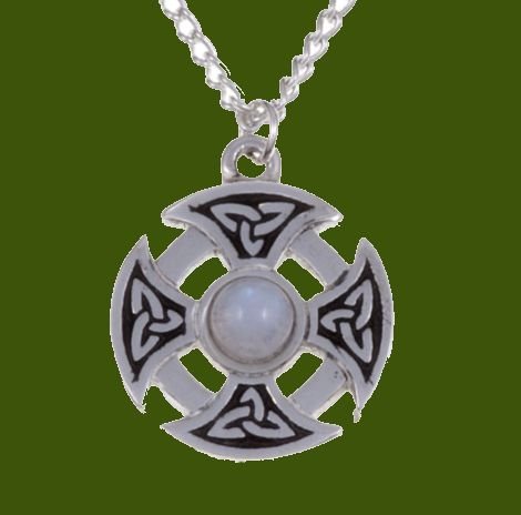 Image 0 of Celtic Cross Knotwork Rainbow Moonstone Circular Small Stylish Pewter Necklace