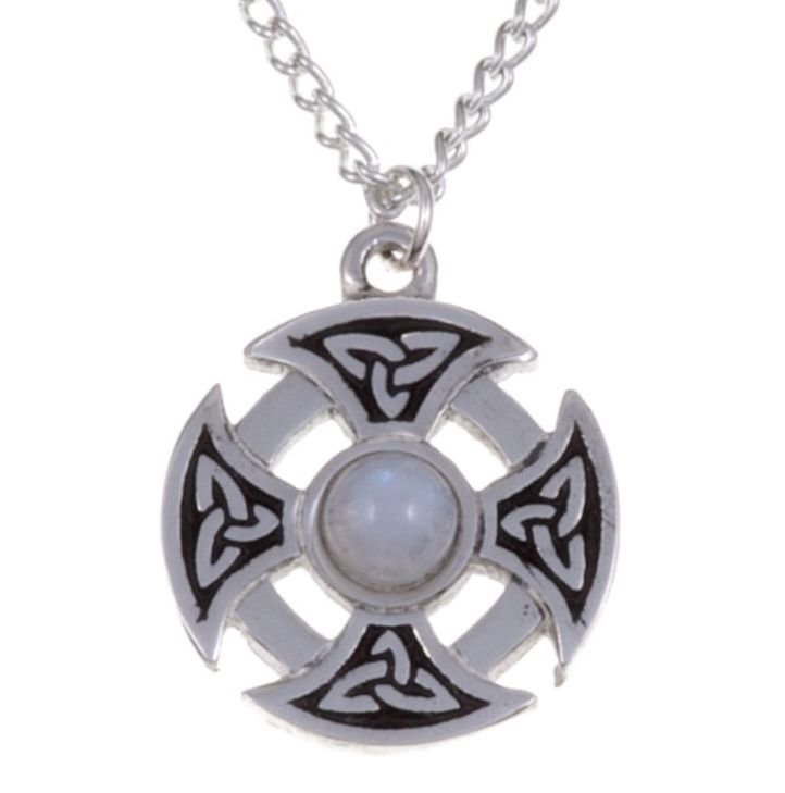 Image 1 of Celtic Cross Knotwork Rainbow Moonstone Circular Small Stylish Pewter Necklace