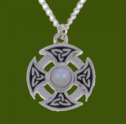 Celtic Cross Knotwork Rainbow Moonstone Circular Small Stylish Pewter Necklace
