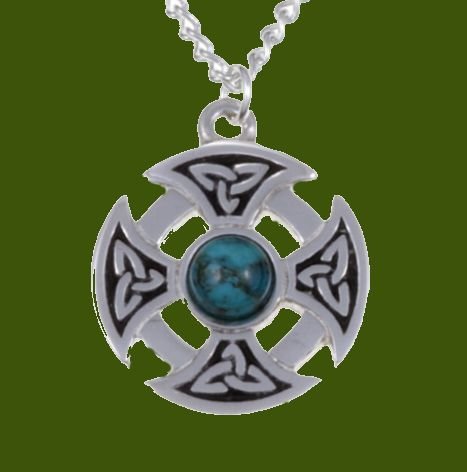Image 0 of Celtic Cross Knotwork Turquoise Circular Small Stylish Pewter Necklace