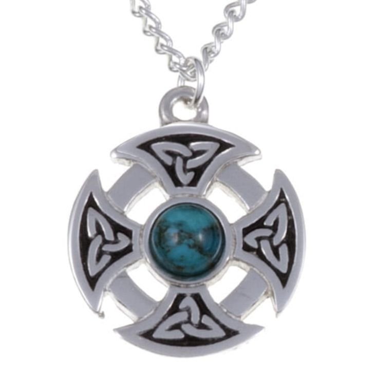 Image 1 of Celtic Cross Knotwork Turquoise Circular Small Stylish Pewter Necklace