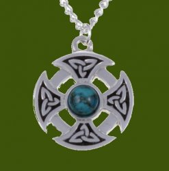 Celtic Cross Knotwork Turquoise Circular Small Stylish Pewter Necklace