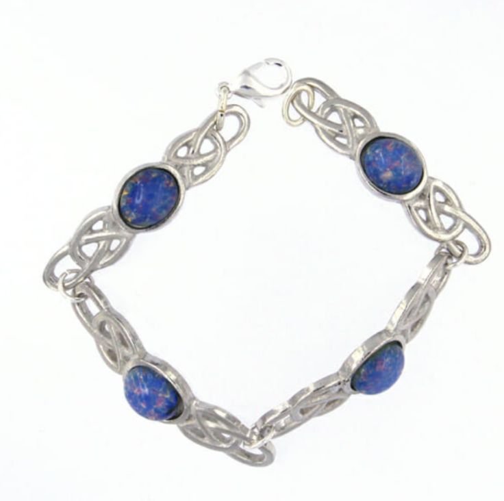 Image 1 of Celtic Open Knotwork Opal Glass Stone Silver Plated Bracelet