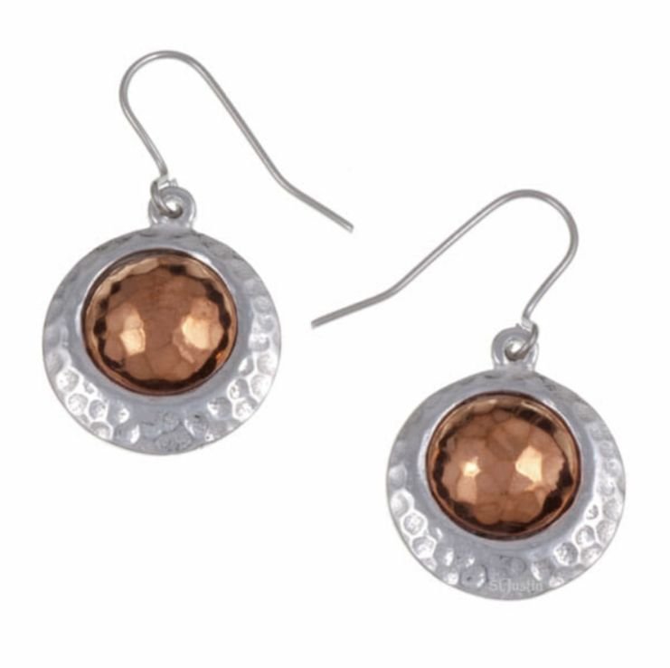 Image 1 of Copper Disc Offset Hammered Round Sheppard Hook Stylish Pewter Earrings