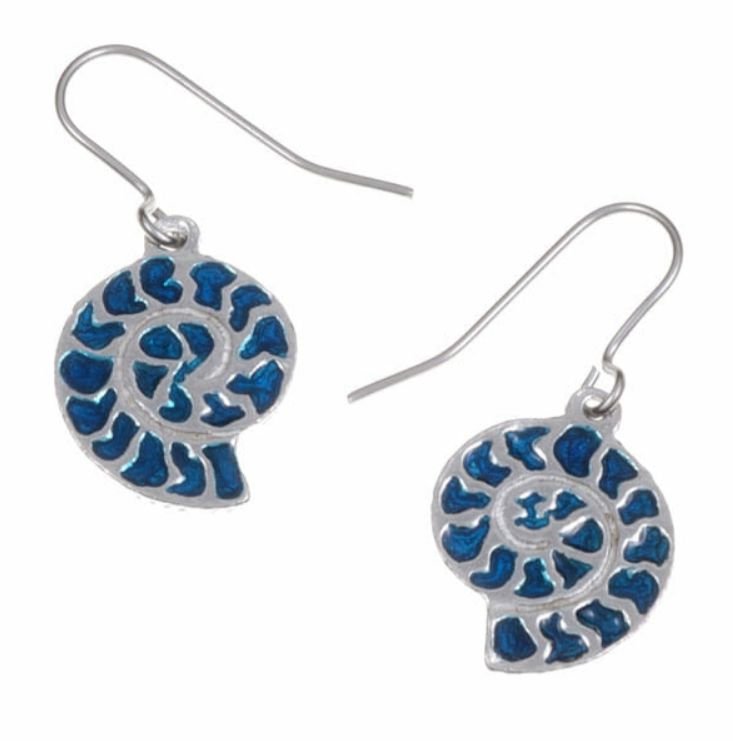 Image 1 of Ammonite Shell Blue Enamel Drop Sheppard Hook Stylish Pewter Earrings