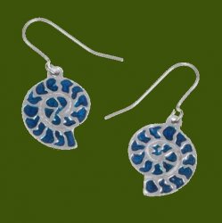 Ammonite Shell Blue Enamel Drop Sheppard Hook Stylish Pewter Earrings