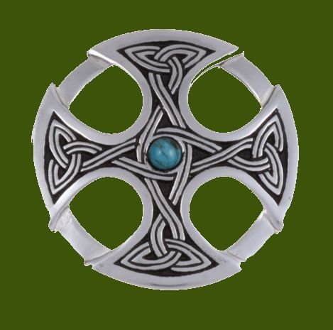 Image 0 of Nevern Celtic Cross Knotwork Turquoise Circular Stylish Pewter Pendant