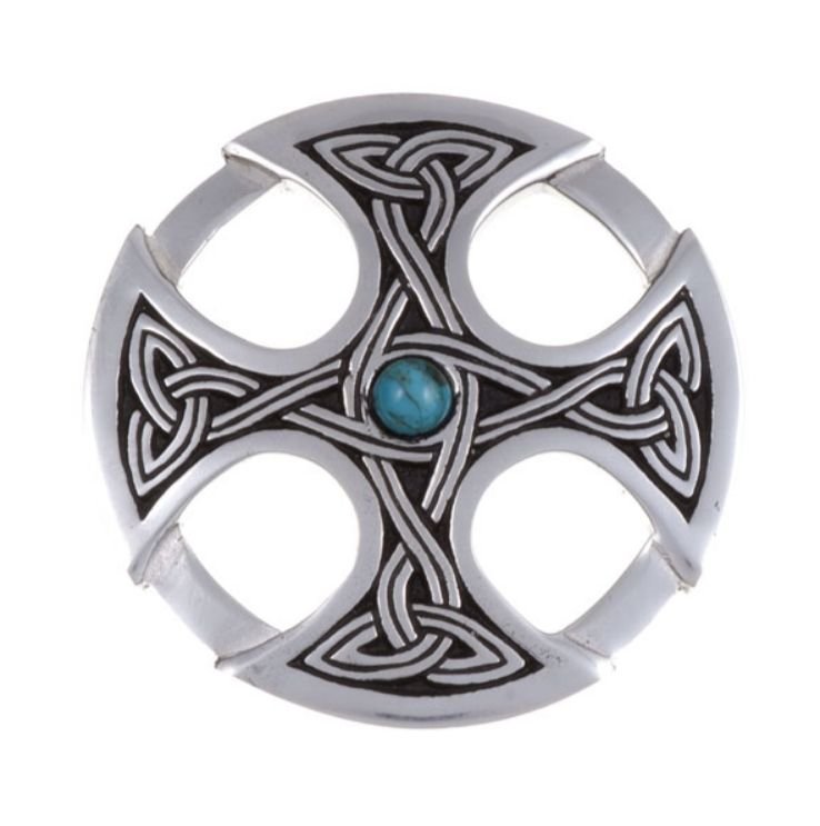 Image 1 of Nevern Celtic Cross Knotwork Turquoise Circular Stylish Pewter Pendant