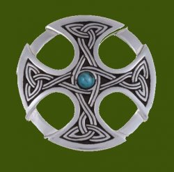 Nevern Celtic Cross Knotwork Turquoise Circular Stylish Pewter Pendant