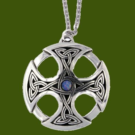 Image 0 of Nevern Celtic Cross Knotwork Opal Glass Stone Circular Stylish Pewter Pendant