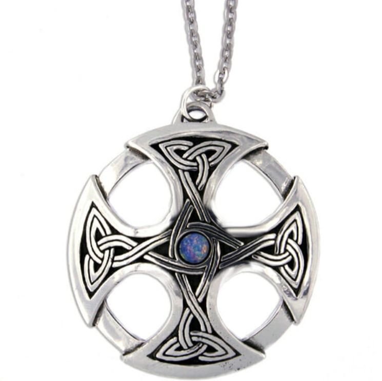 Image 1 of Nevern Celtic Cross Knotwork Opal Glass Stone Circular Stylish Pewter Pendant