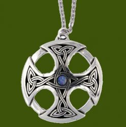 Nevern Celtic Cross Knotwork Opal Glass Stone Circular Stylish Pewter Pendant