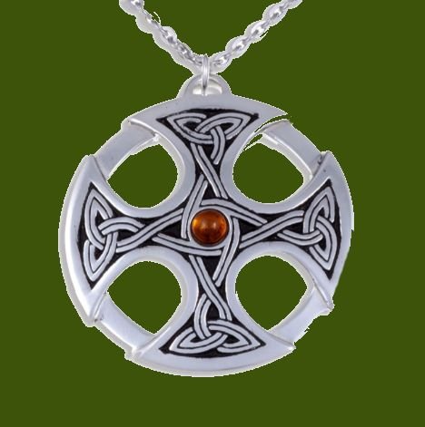 Image 0 of Nevern Celtic Cross Knotwork Amber Circular Stylish Pewter Pendant