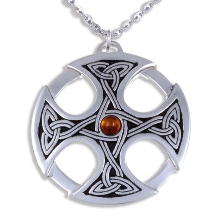 Image 1 of Nevern Celtic Cross Knotwork Amber Circular Stylish Pewter Pendant