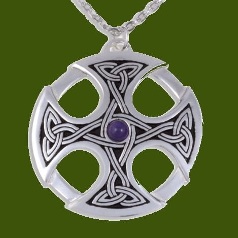 Image 0 of Nevern Celtic Cross Knotwork Amethyst Circular Stylish Pewter Pendant