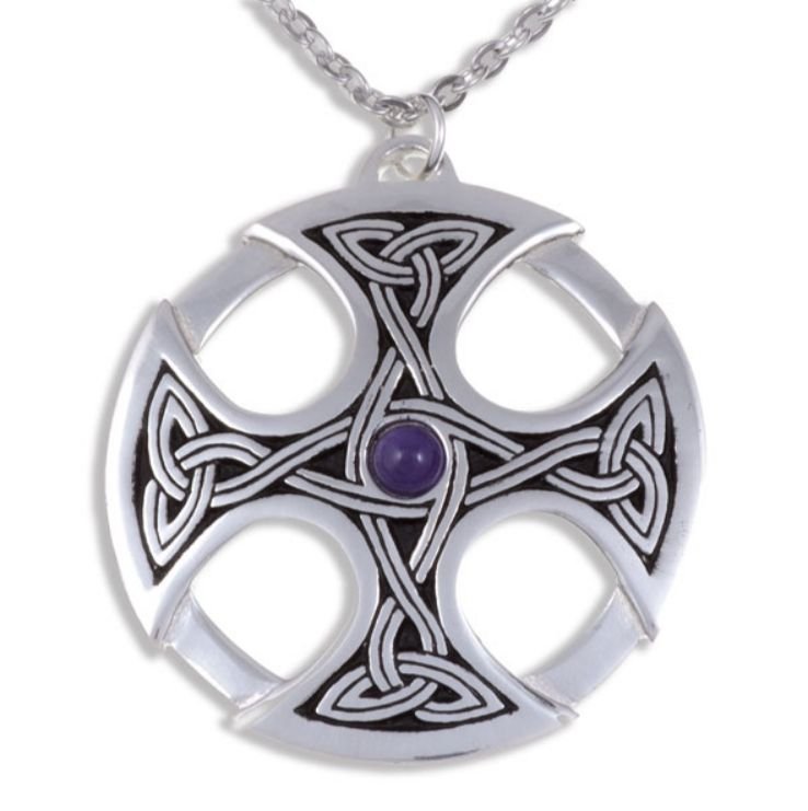 Image 1 of Nevern Celtic Cross Knotwork Amethyst Circular Stylish Pewter Pendant