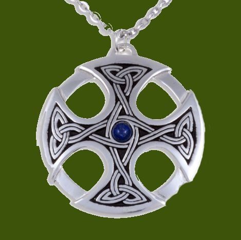 Image 0 of Nevern Celtic Cross Knotwork Lapis Lazuli Circular Stylish Pewter Pendant
