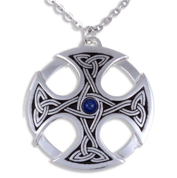 Image 1 of Nevern Celtic Cross Knotwork Lapis Lazuli Circular Stylish Pewter Pendant