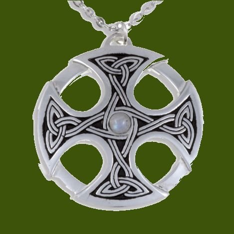 Image 0 of Nevern Celtic Cross Knotwork Moonstone Circular Stylish Pewter Pendant