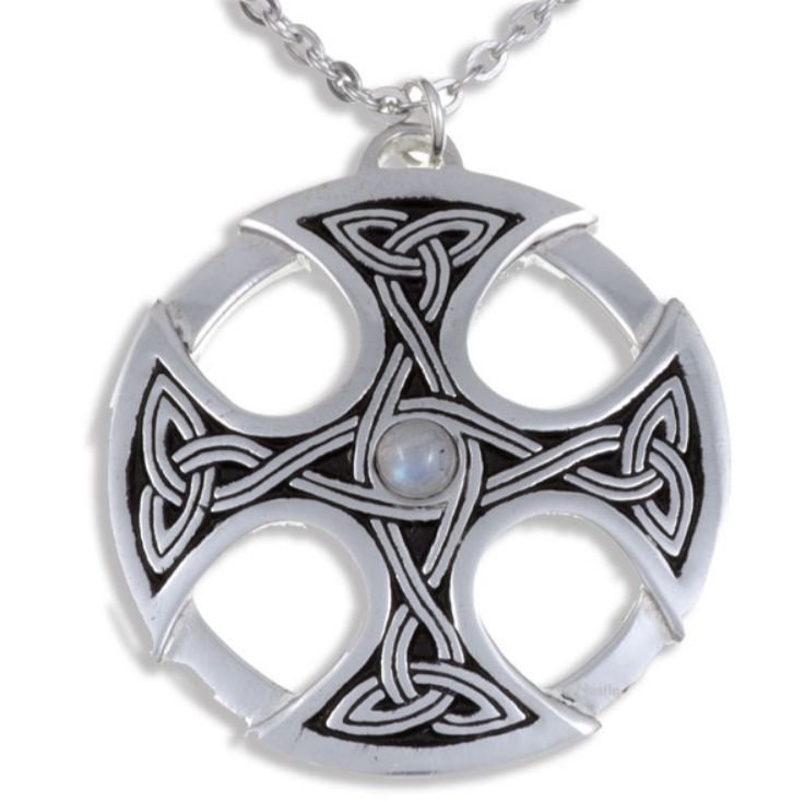 Image 1 of Nevern Celtic Cross Knotwork Moonstone Circular Stylish Pewter Pendant