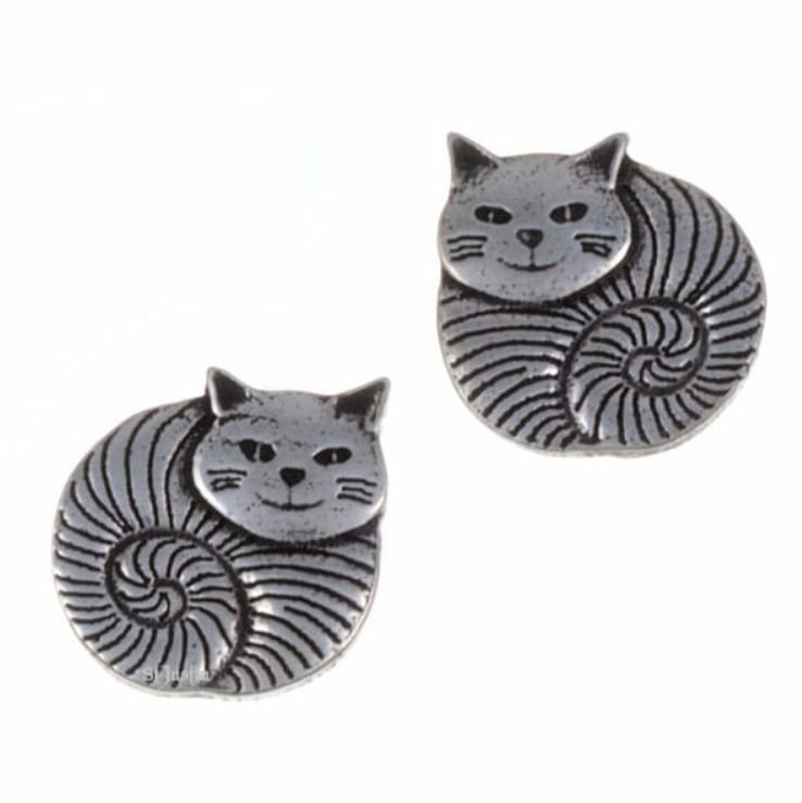 Image 1 of Fat Cat Animal Themed Small Stud Stylish Pewter Earrings