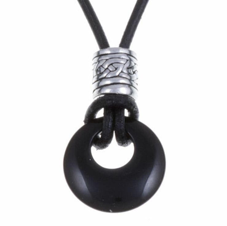Image 1 of Black Onyx Circle Celtic Stylish Pewter Toggle Leather Cord Pendant