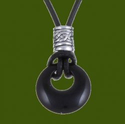 Black Onyx Circle Celtic Stylish Pewter Toggle Leather Cord Pendant