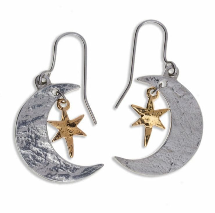 Image 1 of Crescent Moon Gold Stars Sheppard Hook Stylish Pewter Earrings