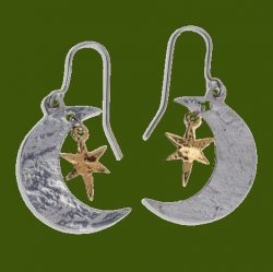 Crescent Moon Gold Stars Sheppard Hook Stylish Pewter Earrings