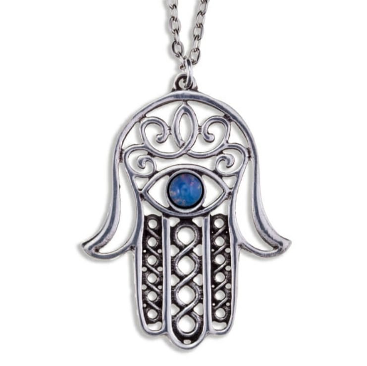 Image 1 of Hamsa Hand Openwork Opal Glass Stone Stylish Pewter Pendant