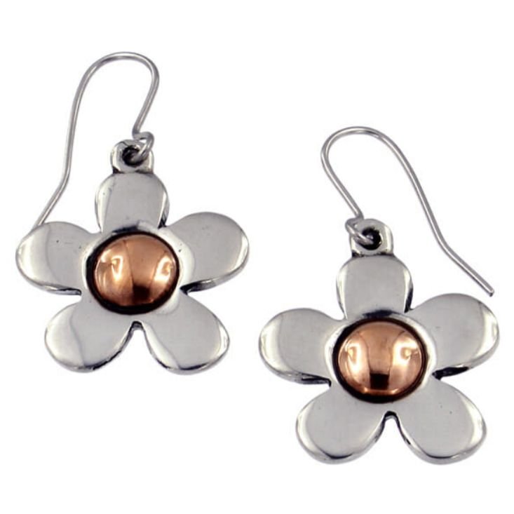 Image 1 of Copper Disc Centre Flower Polished Sheppard Hook Stylish Pewter Earrings