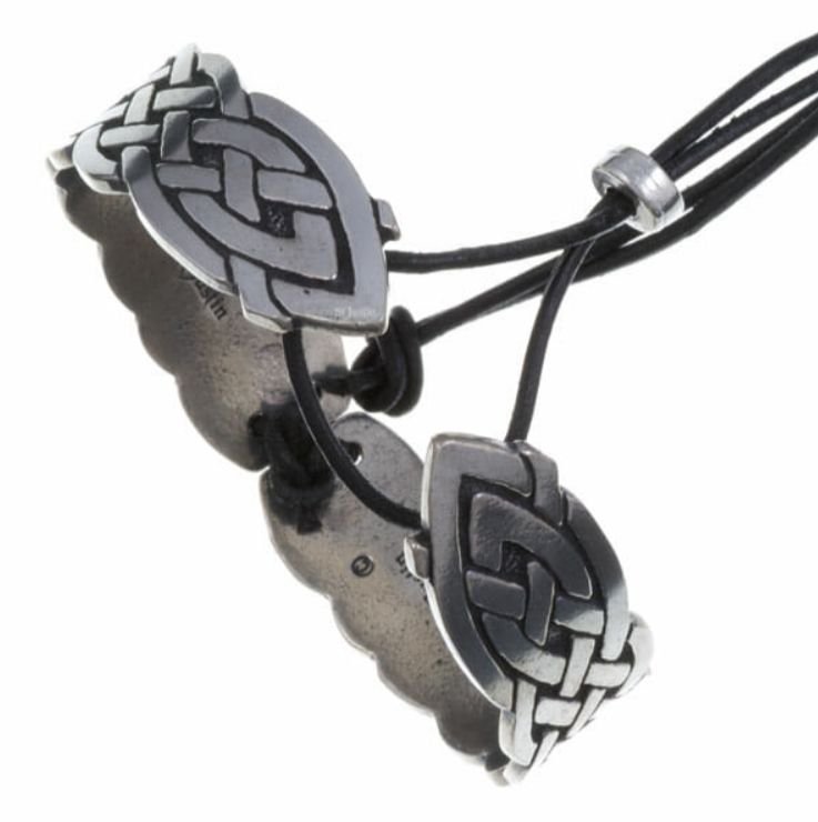 Image 1 of Flame Celtic Knot Embossed Leather Cord Hinged Large Stylish Pewter Bangle