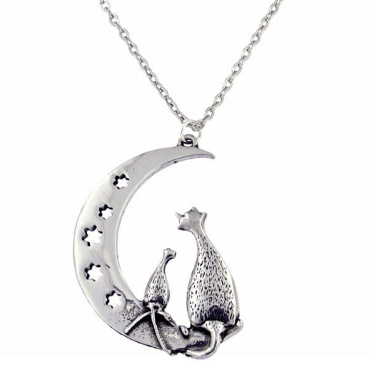 Image 1 of Purrfect Cats Crescent Moon Stars Animal Themed Stylish Pewter Pendant