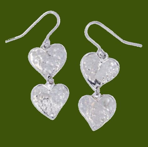 Image 0 of Double Love Hearts Beaten Sheppard Hook Stylish Pewter Earrings