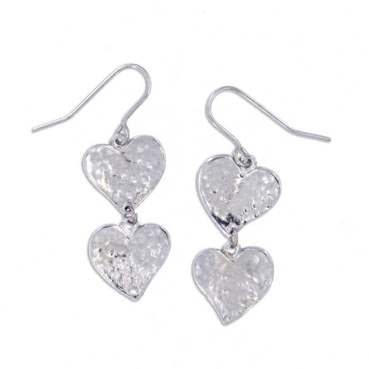 Image 1 of Double Love Hearts Beaten Sheppard Hook Stylish Pewter Earrings