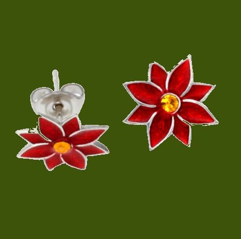 Image 0 of Poinsettia Flower Red Enamel Yellow Crystal Small Stud Stylish Pewter Earrings