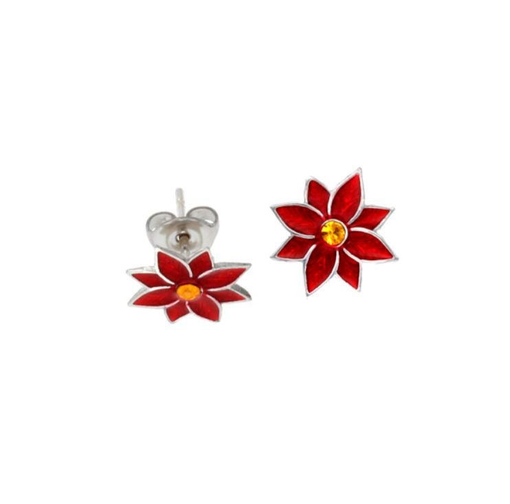 Image 1 of Poinsettia Flower Red Enamel Yellow Crystal Small Stud Stylish Pewter Earrings
