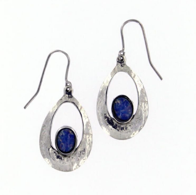 Image 1 of Slate Textured Oval Opal Glass Stone Stylish Pewter Sheppard Hook Earrings