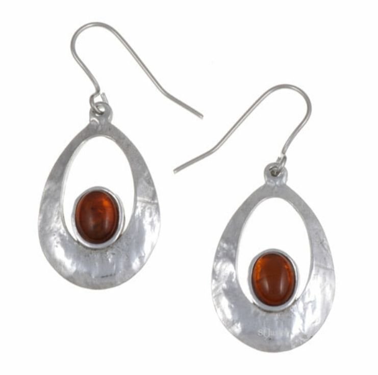 Image 1 of Slate Textured Oval Amber Stylish Pewter Sheppard Hook Earrings