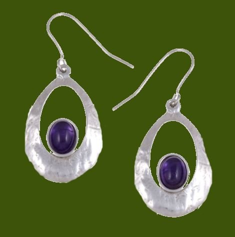 Image 0 of Slate Textured Oval Amethyst Stylish Pewter Sheppard Hook Earrings