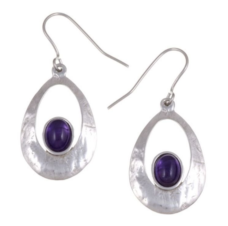 Image 1 of Slate Textured Oval Amethyst Stylish Pewter Sheppard Hook Earrings