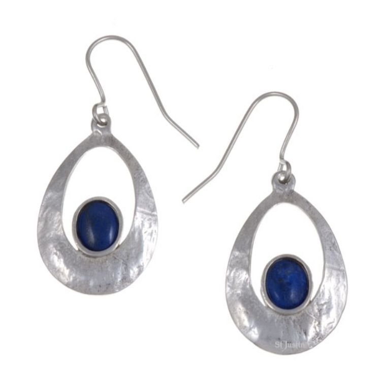 Image 1 of Slate Textured Oval Lapis Lazuli Stylish Pewter Sheppard Hook Earrings